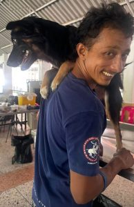 Vet Tech Tiger wrangling a dog